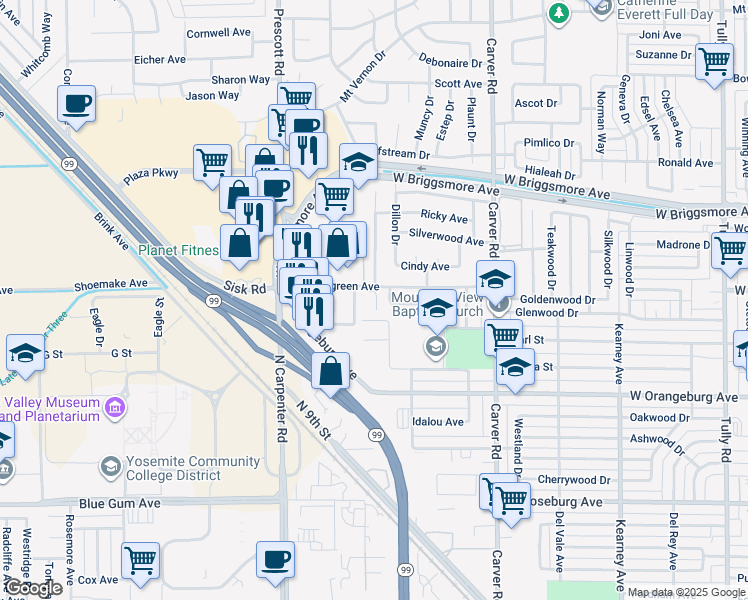 map of restaurants, bars, coffee shops, grocery stores, and more near 1601 Randazzo Avenue in Modesto