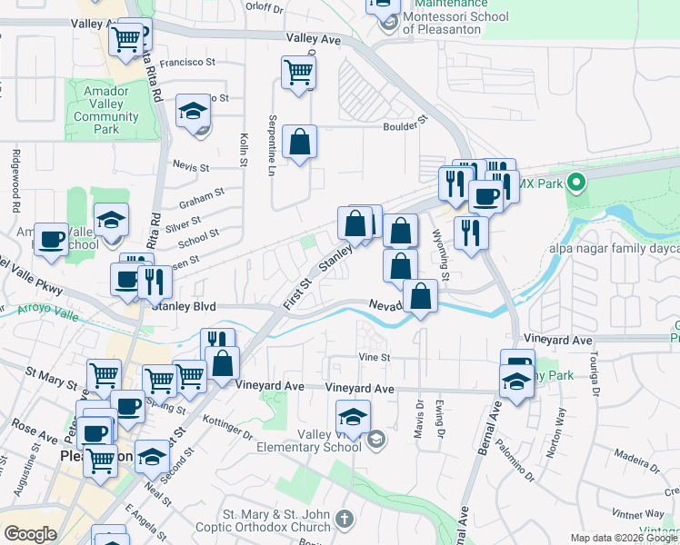 map of restaurants, bars, coffee shops, grocery stores, and more near 3790 Stanley Boulevard in Pleasanton
