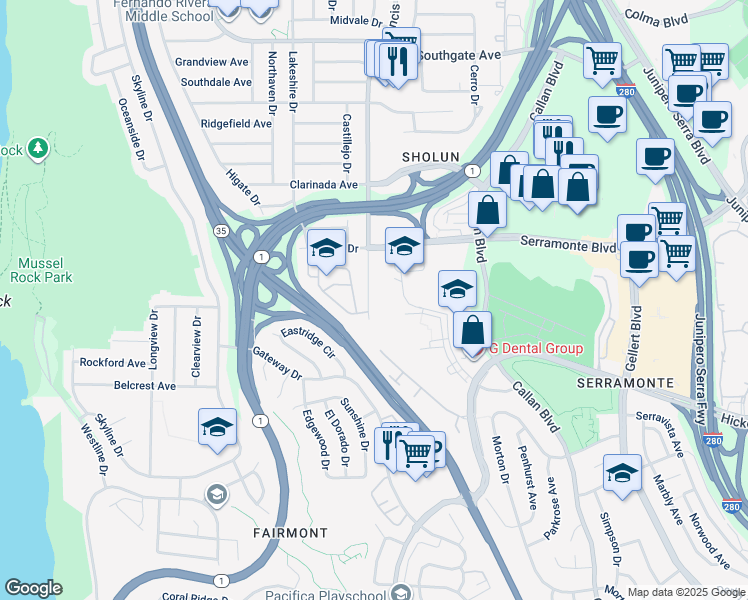 map of restaurants, bars, coffee shops, grocery stores, and more near 699 Serramonte Boulevard in Daly City