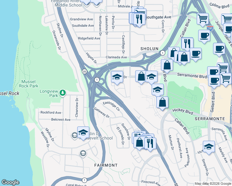 map of restaurants, bars, coffee shops, grocery stores, and more near 426 Crestview Circle in Daly City