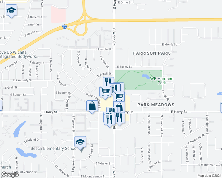 map of restaurants, bars, coffee shops, grocery stores, and more near 1157 South Webb Road in Wichita