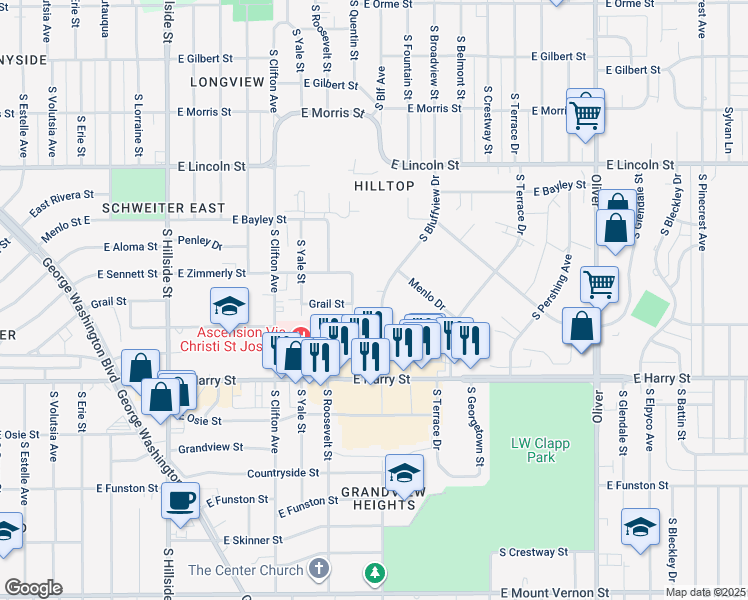 map of restaurants, bars, coffee shops, grocery stores, and more near 1101 South Bluffview Court in Wichita