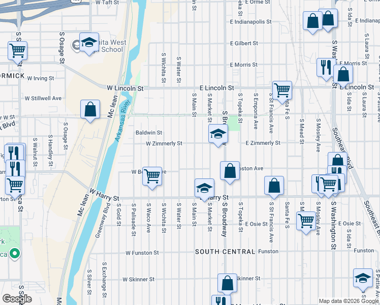 map of restaurants, bars, coffee shops, grocery stores, and more near 1350 South Main Street in Wichita