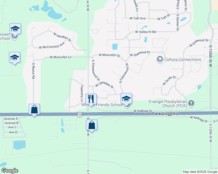 map of restaurants, bars, coffee shops, grocery stores, and more near 14904 West Lynndale Street in Wichita