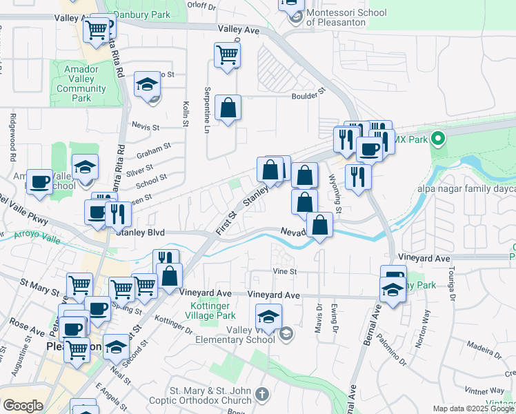 map of restaurants, bars, coffee shops, grocery stores, and more near 32 Irby Ranch Drive in Pleasanton