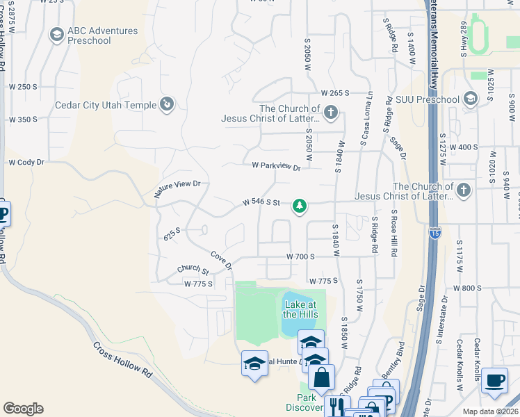 map of restaurants, bars, coffee shops, grocery stores, and more near Legacy Park Avenue in Cedar City