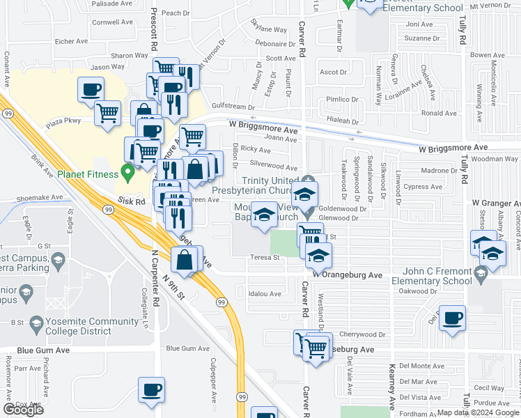 map of restaurants, bars, coffee shops, grocery stores, and more near 1827 Conifer Drive in Modesto