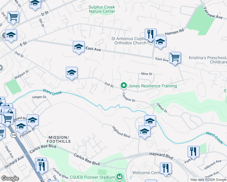 map of restaurants, bars, coffee shops, grocery stores, and more near 24838 2nd Street in Hayward