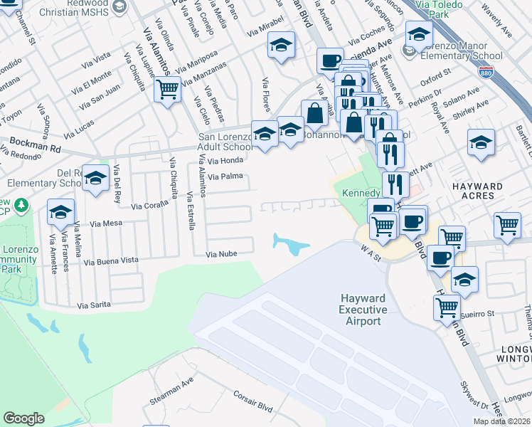 map of restaurants, bars, coffee shops, grocery stores, and more near 1088 Azalea Road in Hayward