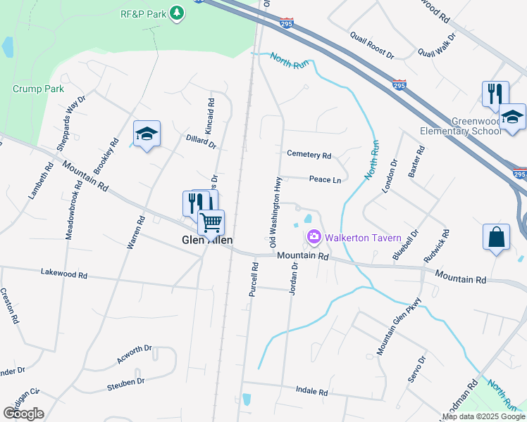 map of restaurants, bars, coffee shops, grocery stores, and more near 10756 Old Washington Highway in Glen Allen