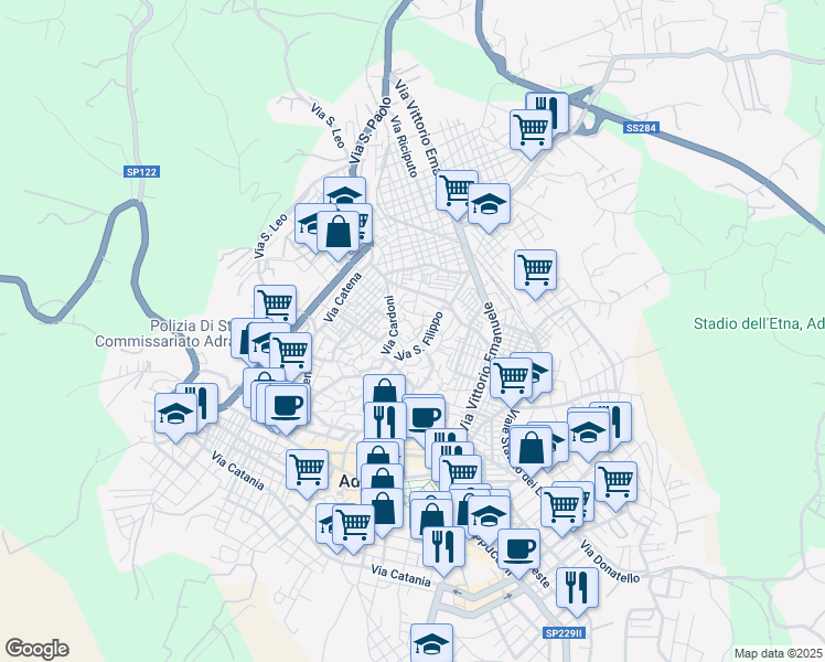 map of restaurants, bars, coffee shops, grocery stores, and more near 24 Via Miraglia in Adrano