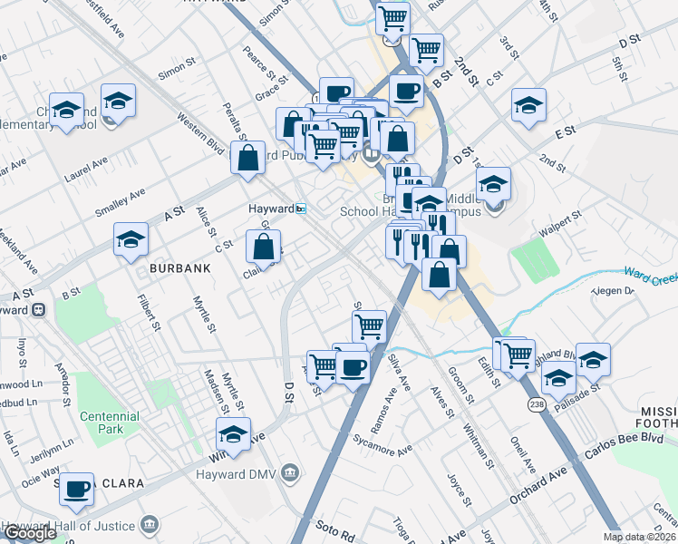 map of restaurants, bars, coffee shops, grocery stores, and more near 655 Veranda Circle in Hayward