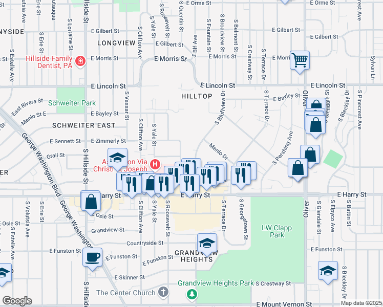 map of restaurants, bars, coffee shops, grocery stores, and more near 1329 South Bluffview Drive in Wichita