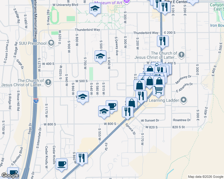 map of restaurants, bars, coffee shops, grocery stores, and more near 559 South 450 West in Cedar City