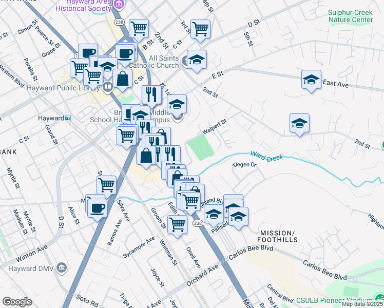 map of restaurants, bars, coffee shops, grocery stores, and more near in Hayward