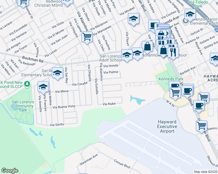 map of restaurants, bars, coffee shops, grocery stores, and more near 1126 Via Coralla in San Lorenzo