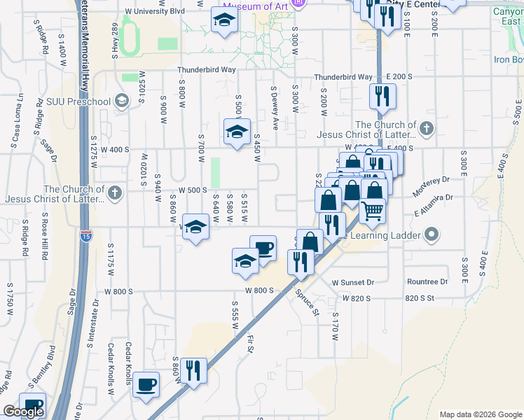 map of restaurants, bars, coffee shops, grocery stores, and more near 559 South 450 West in Cedar City
