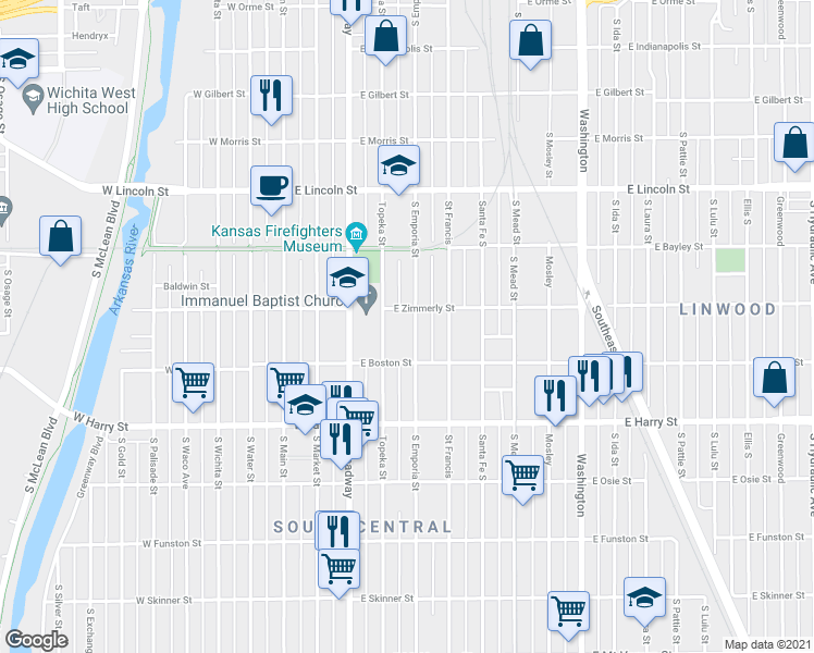 map of restaurants, bars, coffee shops, grocery stores, and more near 1417 South Emporia Street in Wichita