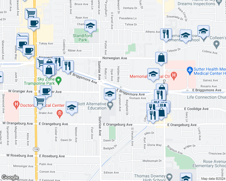 map of restaurants, bars, coffee shops, grocery stores, and more near 908 South Cape Drive in Modesto