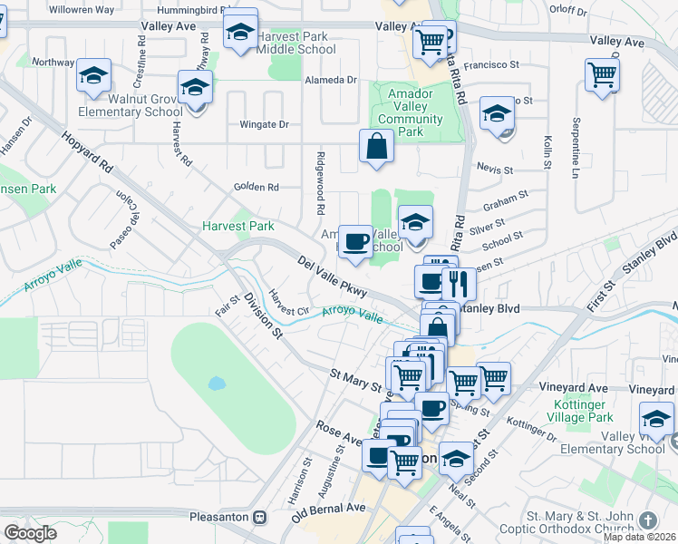 map of restaurants, bars, coffee shops, grocery stores, and more near 1160 Tiffany Lane in Pleasanton