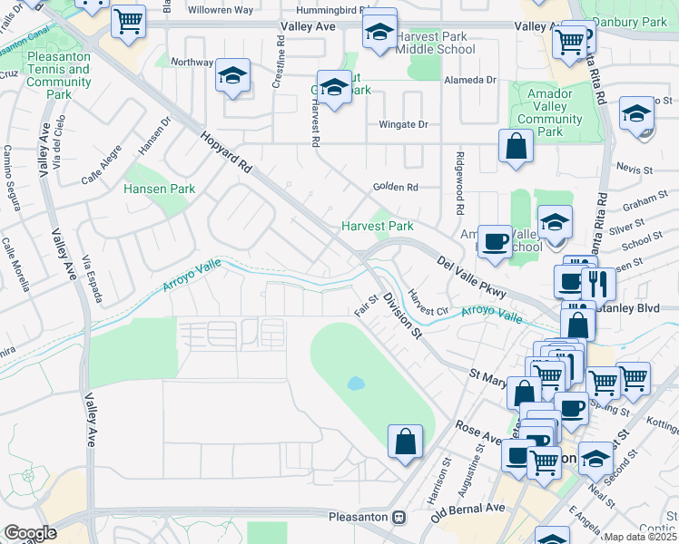 map of restaurants, bars, coffee shops, grocery stores, and more near 5132 Golden Road in Pleasanton
