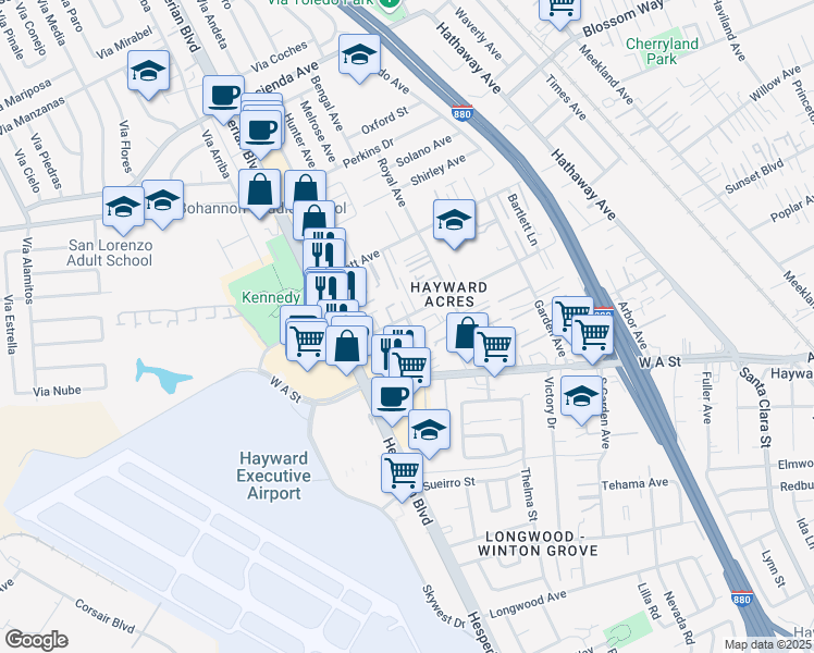 map of restaurants, bars, coffee shops, grocery stores, and more near 781 West Sunset Boulevard in Hayward