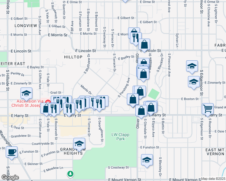 map of restaurants, bars, coffee shops, grocery stores, and more near 4450 East Boston Street in Wichita