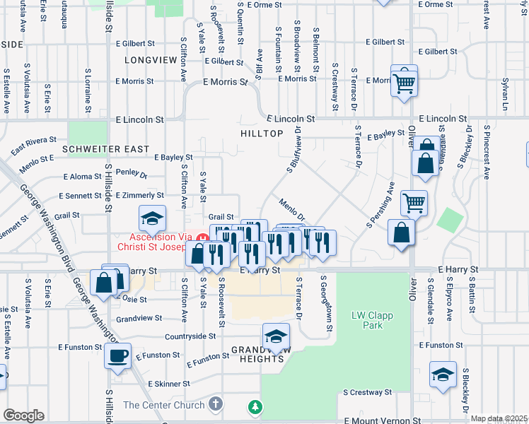 map of restaurants, bars, coffee shops, grocery stores, and more near 1101 South Bluffview Court in Wichita