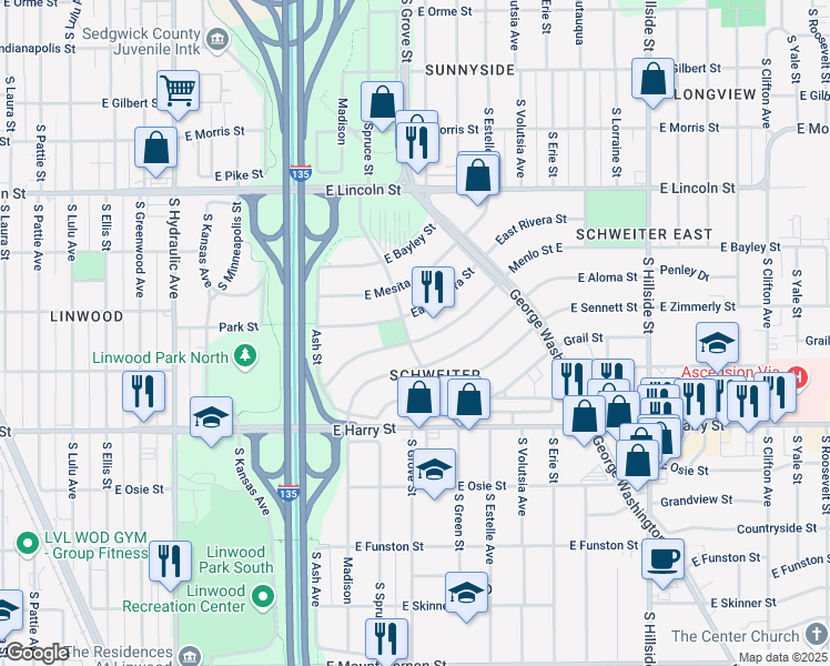 map of restaurants, bars, coffee shops, grocery stores, and more near 2311 East Rivera Street in Wichita