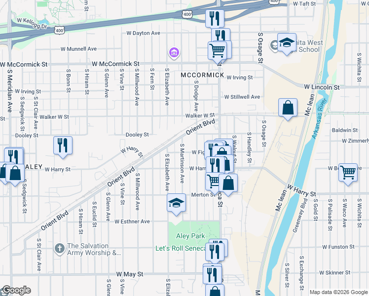 map of restaurants, bars, coffee shops, grocery stores, and more near 1410 South Martinson Street in Wichita
