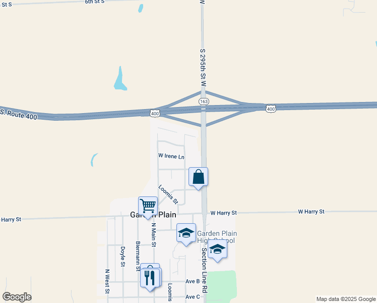 map of restaurants, bars, coffee shops, grocery stores, and more near 200 West Irene Lane in Garden Plain