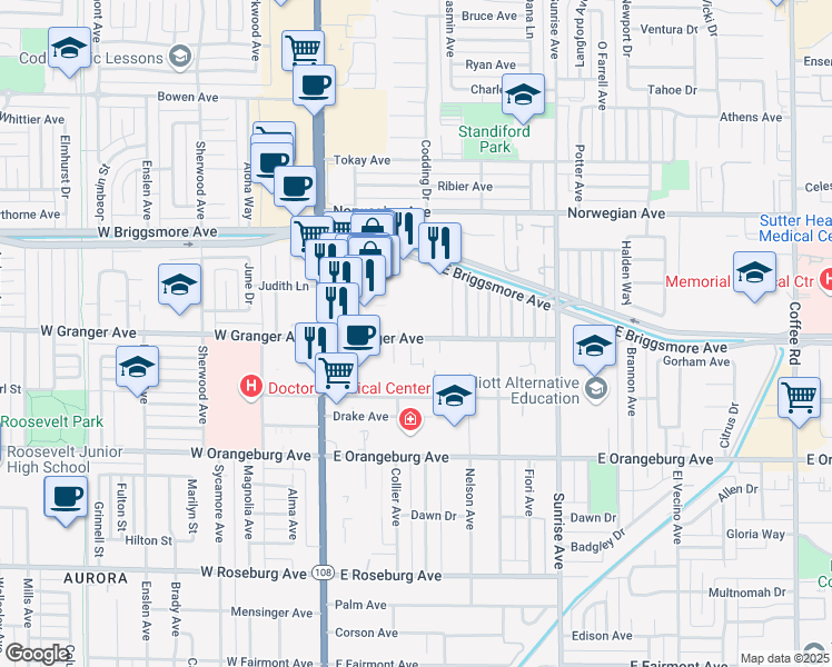 map of restaurants, bars, coffee shops, grocery stores, and more near 1700 McHenry Avenue in Modesto