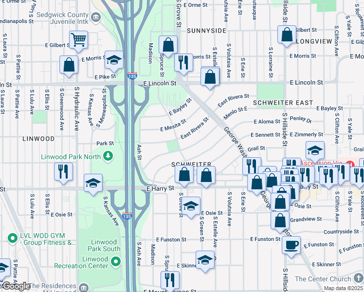 map of restaurants, bars, coffee shops, grocery stores, and more near 2311 East Rivera Street in Wichita