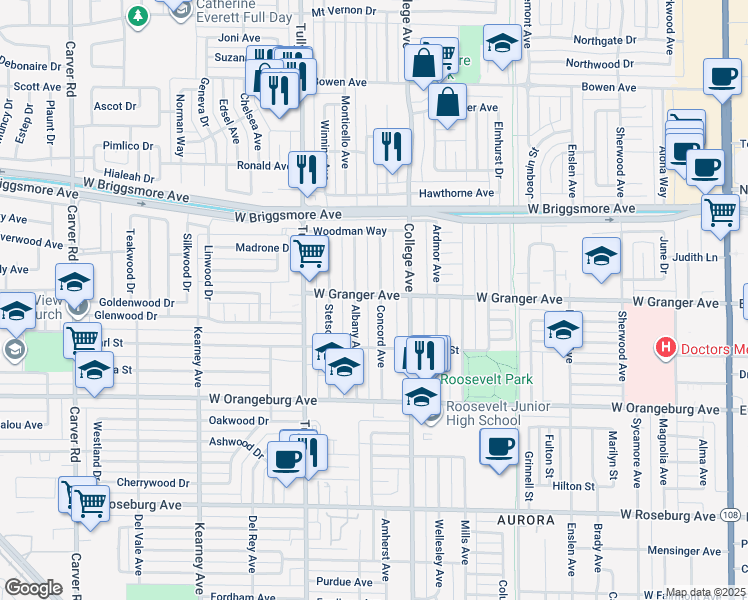 map of restaurants, bars, coffee shops, grocery stores, and more near 1134 West Granger Avenue in Modesto
