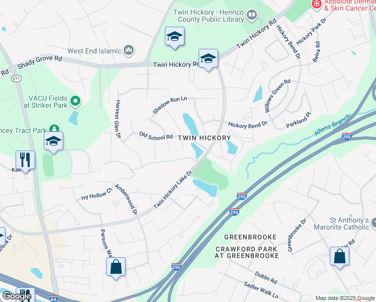 map of restaurants, bars, coffee shops, grocery stores, and more near 4906 Park Meadows Lane in Glen Allen