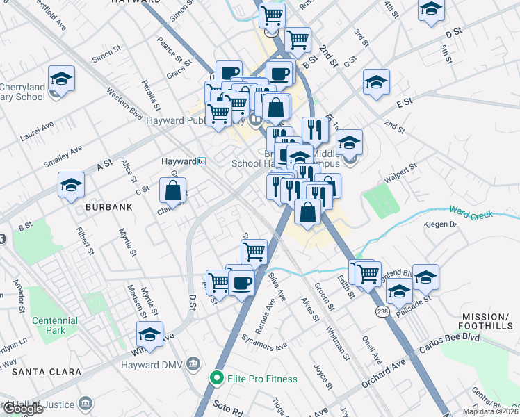 map of restaurants, bars, coffee shops, grocery stores, and more near 629 Artistic Place in Hayward