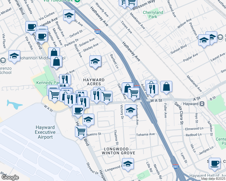 map of restaurants, bars, coffee shops, grocery stores, and more near 21371 Garden Avenue in Hayward