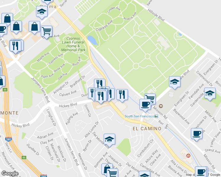 map of restaurants, bars, coffee shops, grocery stores, and more near 1700 El Camino Real in South San Francisco