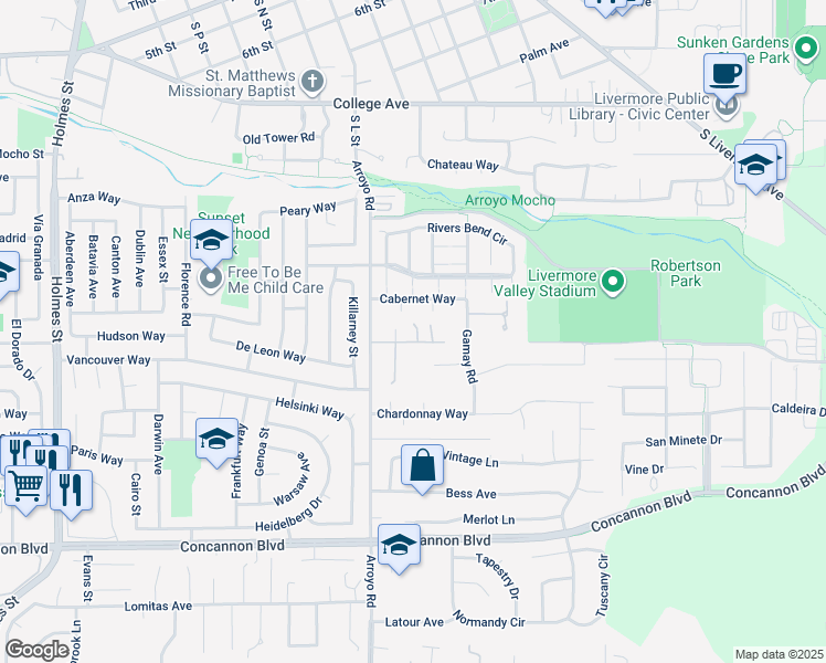 map of restaurants, bars, coffee shops, grocery stores, and more near 2242 Pleasant View Lane in Livermore