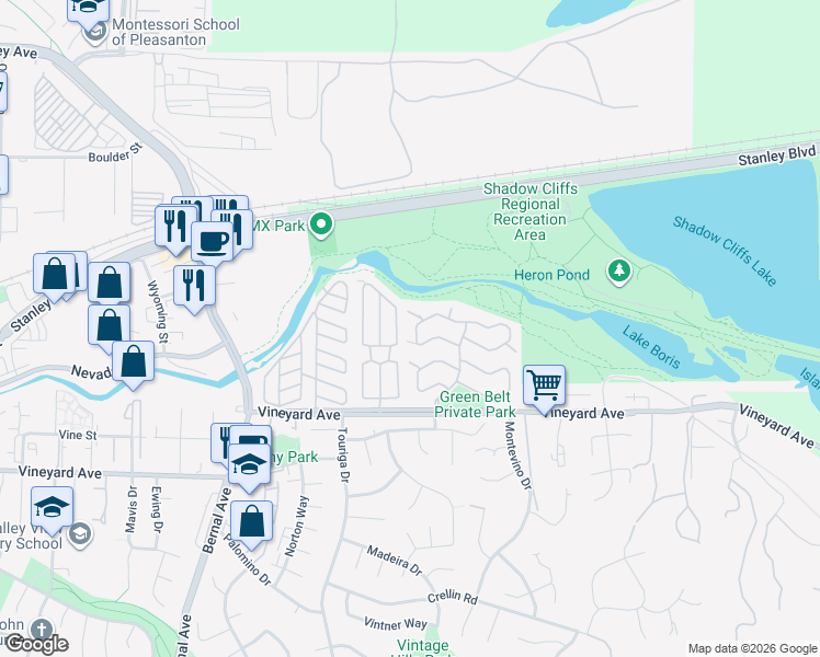 map of restaurants, bars, coffee shops, grocery stores, and more near 3025 Badger Drive in Pleasanton