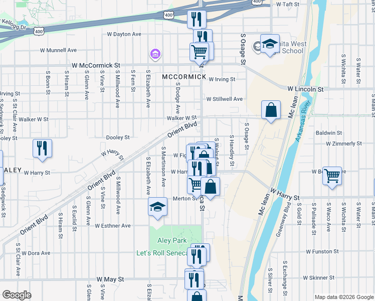 map of restaurants, bars, coffee shops, grocery stores, and more near 1236 West Figg Street in Wichita