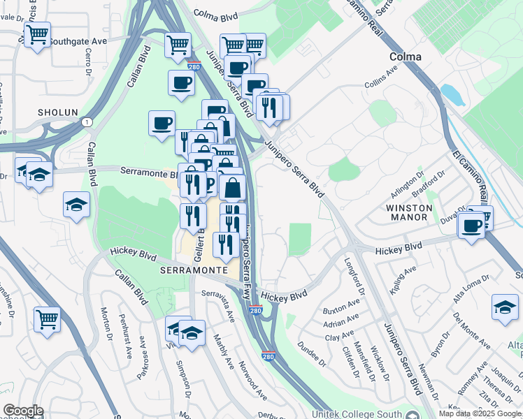 map of restaurants, bars, coffee shops, grocery stores, and more near 357 Half Moon Lane in Daly City