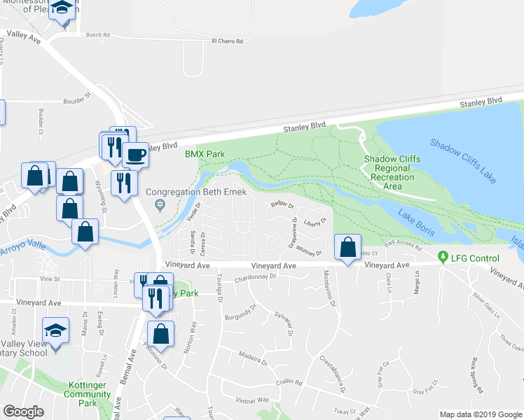 map of restaurants, bars, coffee shops, grocery stores, and more near 3025 Badger Drive in Pleasanton