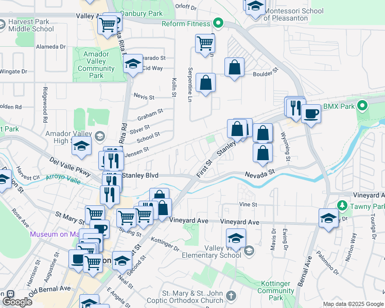 map of restaurants, bars, coffee shops, grocery stores, and more near 361 Trenton Circle in Pleasanton
