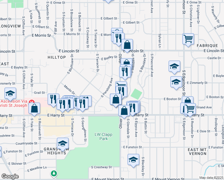 map of restaurants, bars, coffee shops, grocery stores, and more near 4629 East Bayley Street in Wichita
