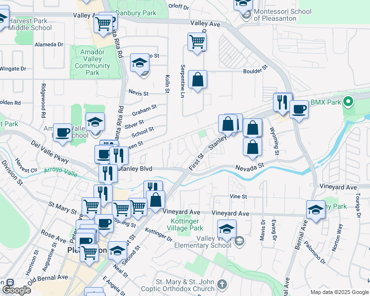 map of restaurants, bars, coffee shops, grocery stores, and more near 361 Trenton Circle in Pleasanton