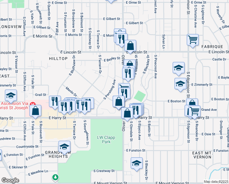 map of restaurants, bars, coffee shops, grocery stores, and more near 4601 East Boston Street in Wichita