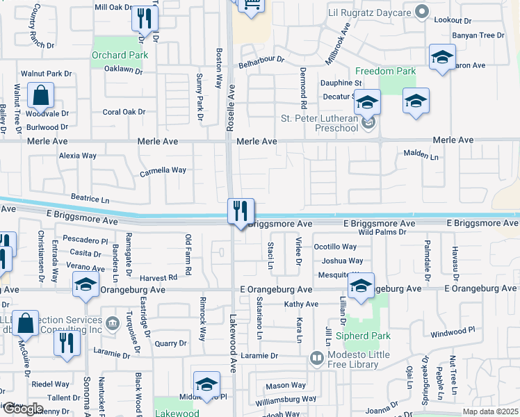 map of restaurants, bars, coffee shops, grocery stores, and more near 3025 Ivory Court in Modesto