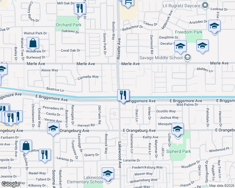 map of restaurants, bars, coffee shops, grocery stores, and more near 1609 Matisse Lane in Modesto