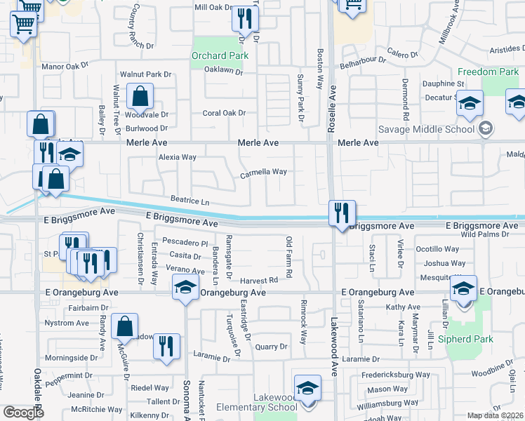 map of restaurants, bars, coffee shops, grocery stores, and more near 2809 Walnut Terrace in Modesto